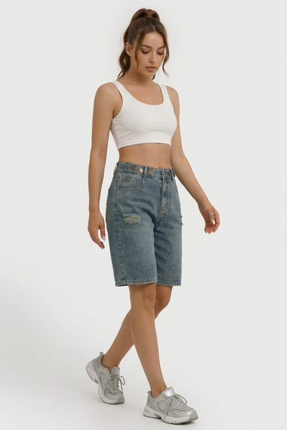 Women's Distressed High-Waisted Knee-Length Denim Shorts