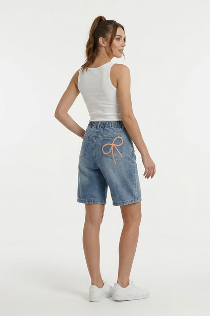 Women's Light Blue Denim Shorts With Back Bow Detail