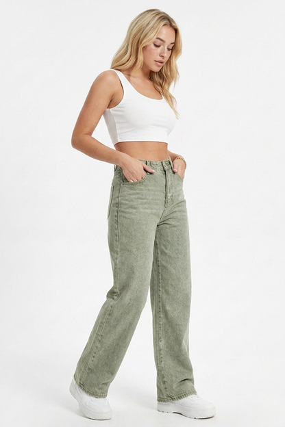 Women's Grey-Green High-Waisted Straight-Leg Jeans