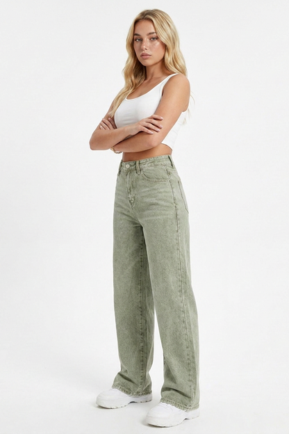 Women's Grey-Green High-Waisted Straight-Leg Jeans