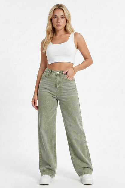 Women's Grey-Green High-Waisted Straight-Leg Jeans