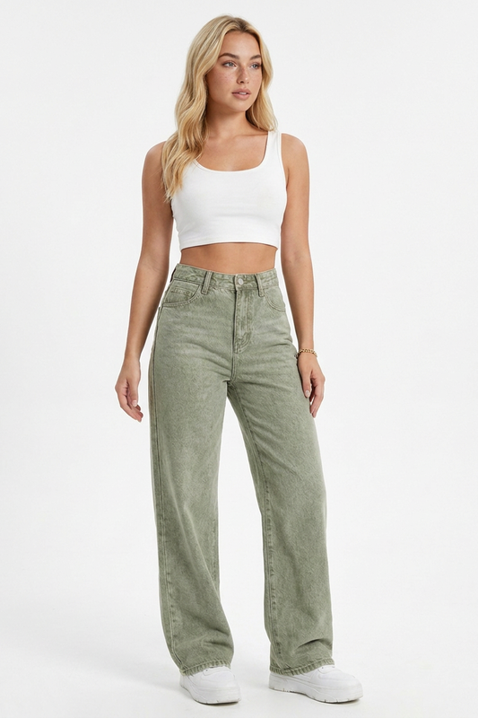 Women's Grey-Green High-Waisted Straight-Leg Jeans
