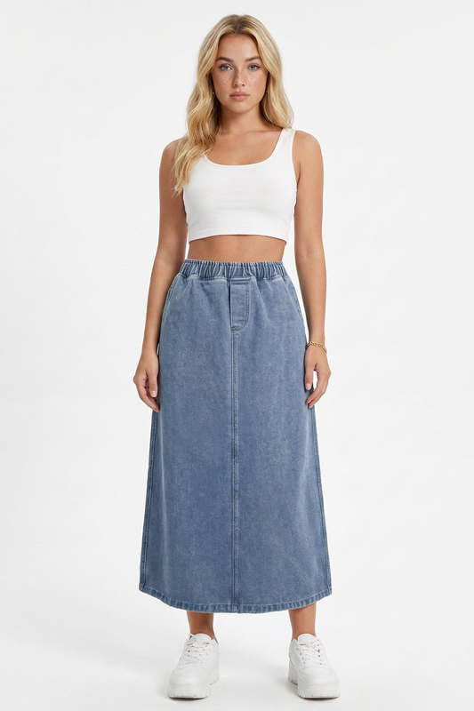 Women's Blue Vintage Wash Denim Midi Skirt