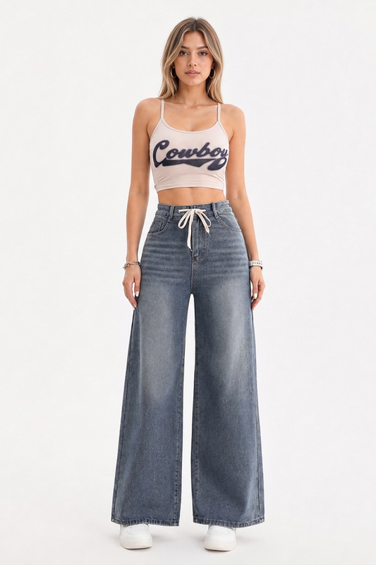 Women's High-Waisted Drawstring Wide-Leg Jeans