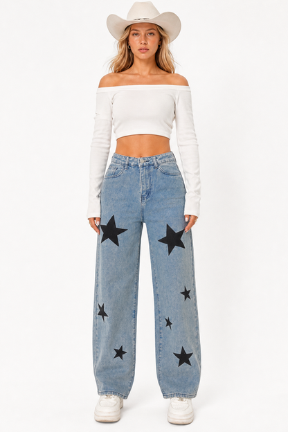 Women's High-Waisted Star Print Straight-Leg Jeans