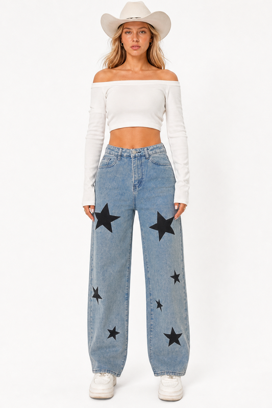 Women's High-Waisted Star Print Straight-Leg Jeans