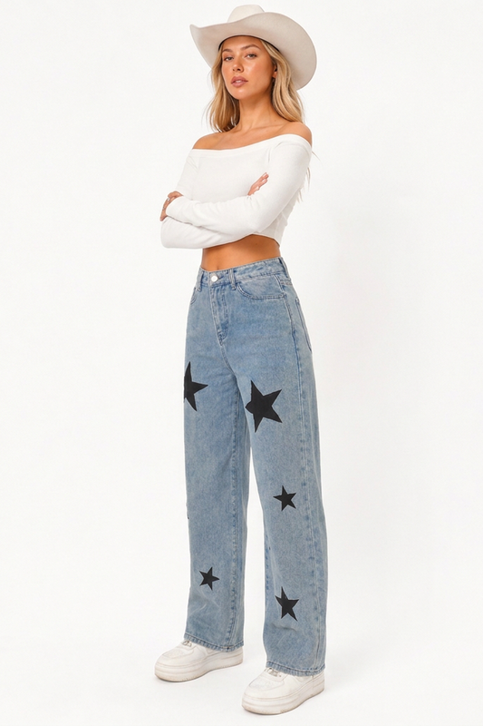 Women's High-Waisted Star Print Straight-Leg Jeans