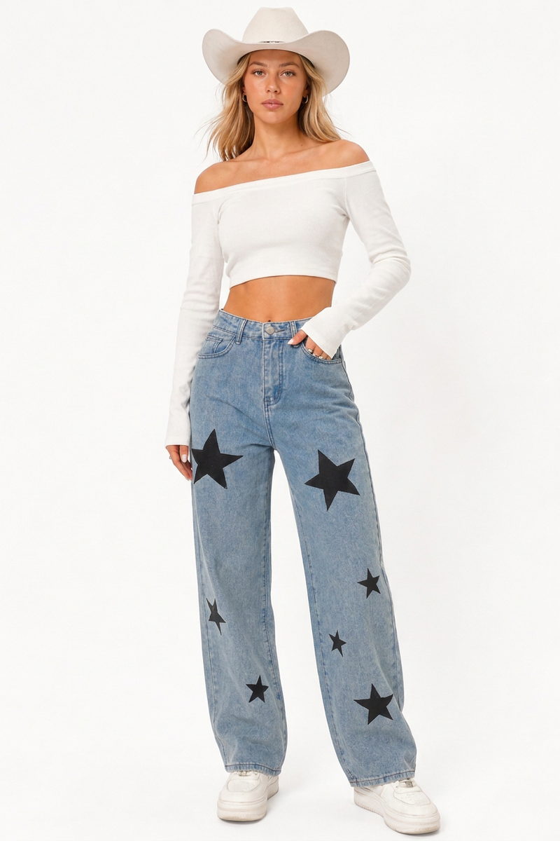 Women's High-Waisted Star Print Straight-Leg Jeans