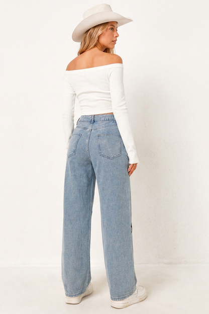 Women's High-Waisted Star Print Straight-Leg Jeans