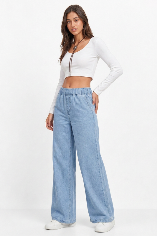 Women's Elastic Waist Wide-Leg Jeans