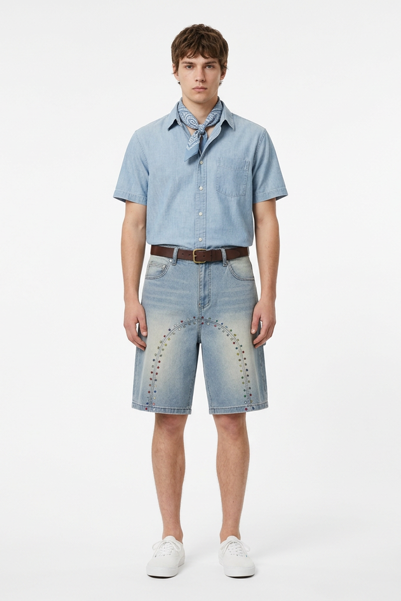 Men's Colorful Stud Trim Stretch Denim Shorts