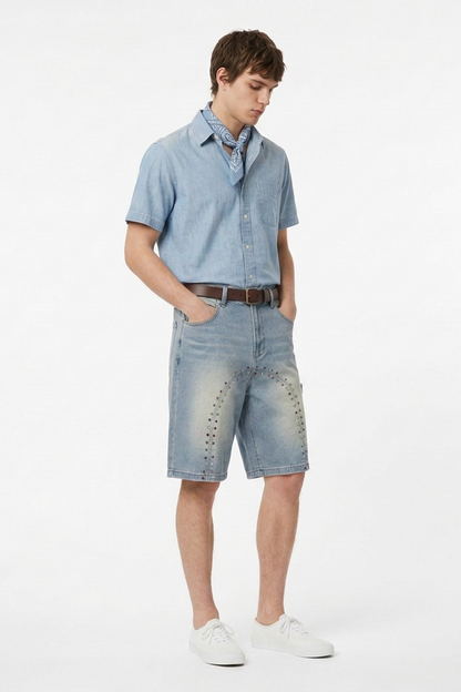 Men's Colorful Stud Trim Stretch Denim Shorts
