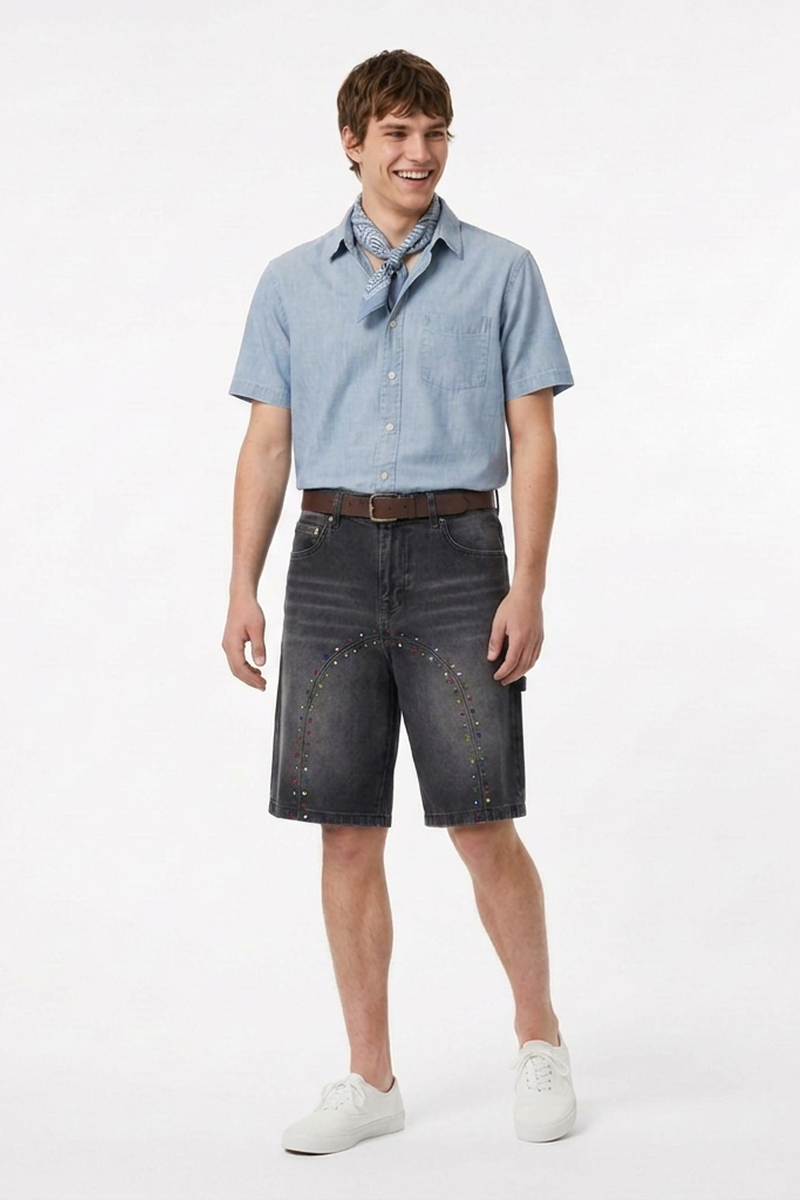 Men's Colorful Stud Trim Stretch Denim Shorts