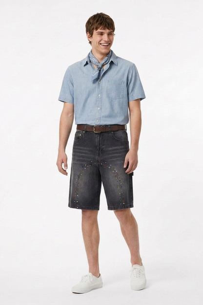 Men's Colorful Stud Trim Stretch Denim Shorts
