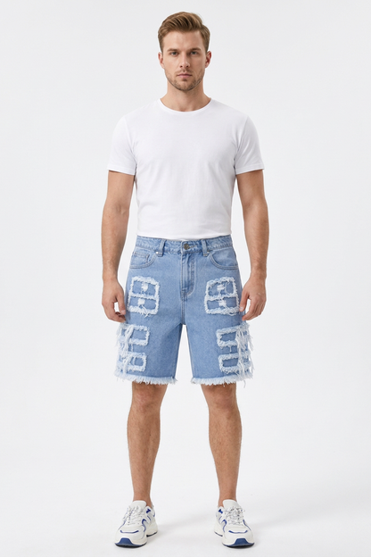 Men's Light Blue Patchwork Denim Shorts