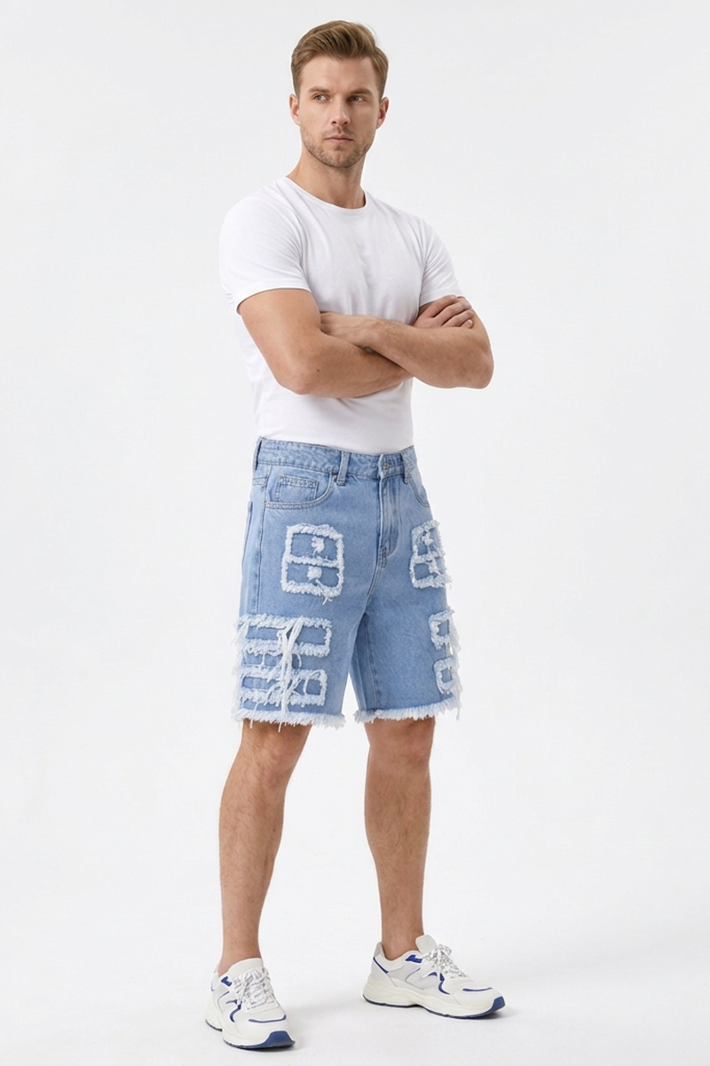 Men's Light Blue Patchwork Denim Shorts