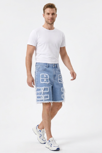Men's Light Blue Patchwork Denim Shorts