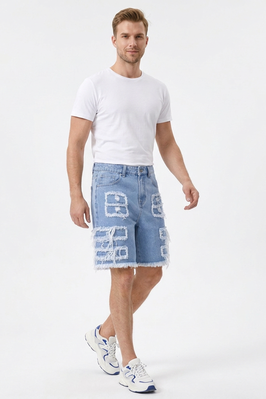Men's Light Blue Patchwork Denim Shorts