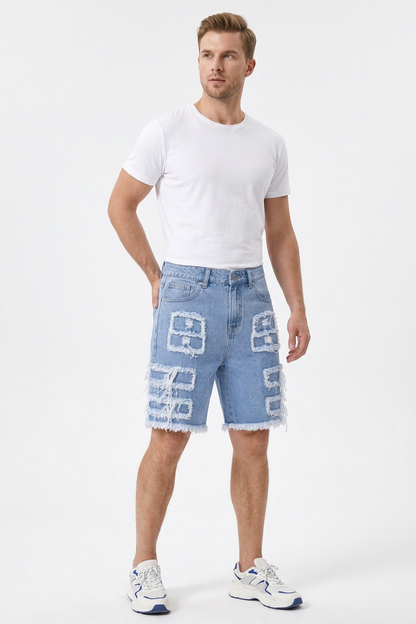Men's Light Blue Patchwork Denim Shorts