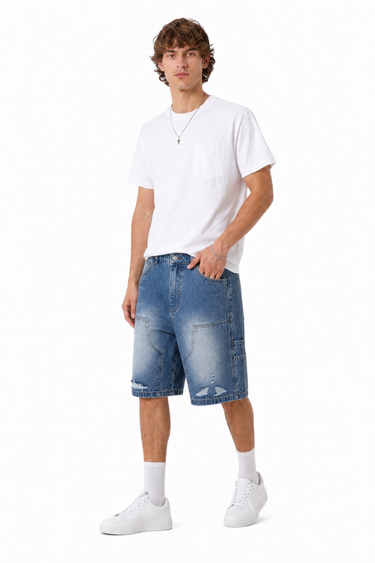 Men's Vintage Wash Ripped Denim Shorts