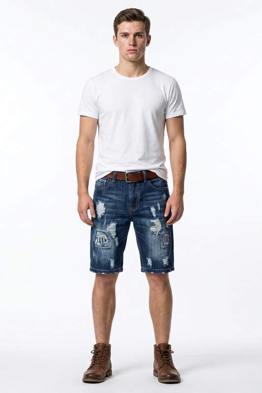 Men's Blue Distressed Ripped Denim Shorts