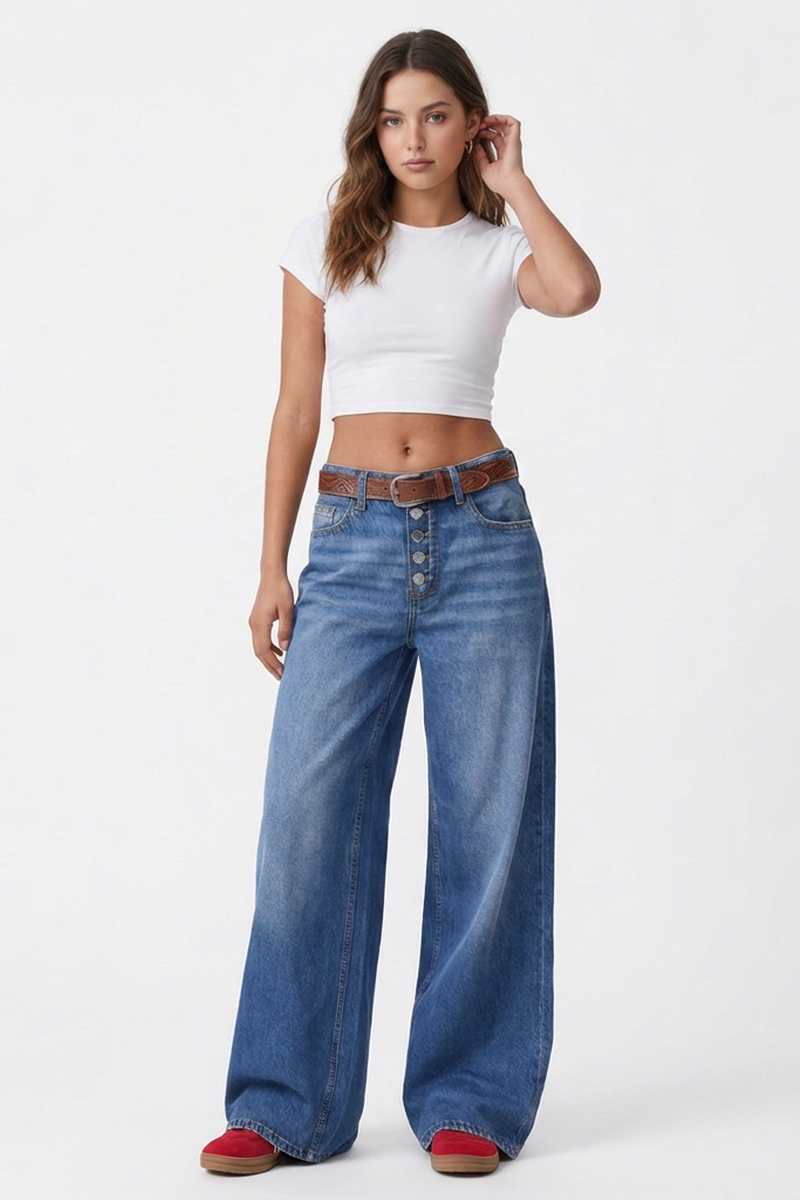 Women's High-Waisted Button Fly Wide-Leg Jeans