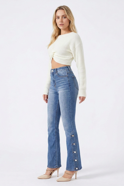 Women's Side Button High-Waisted Flare Jeans