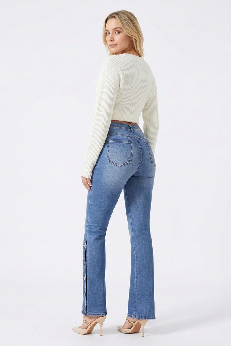 Women's Side Button High-Waisted Flare Jeans