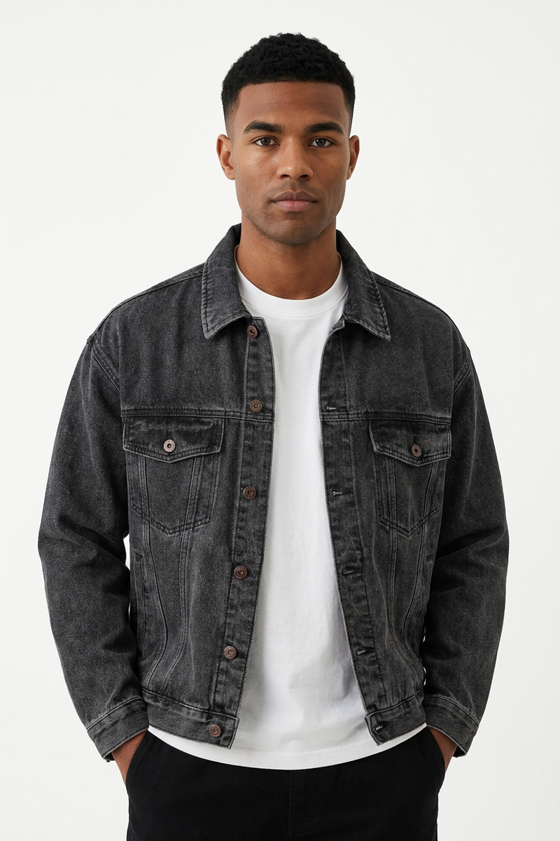 Men's Black Grey Classic Fit Denim Jacket