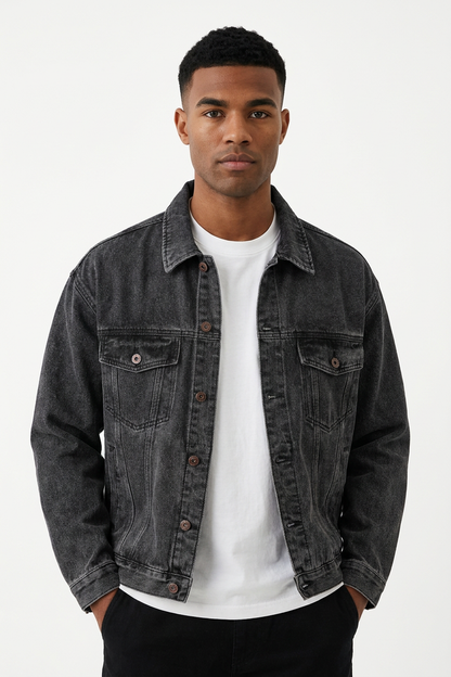Men's Black Grey Classic Fit Denim Jacket