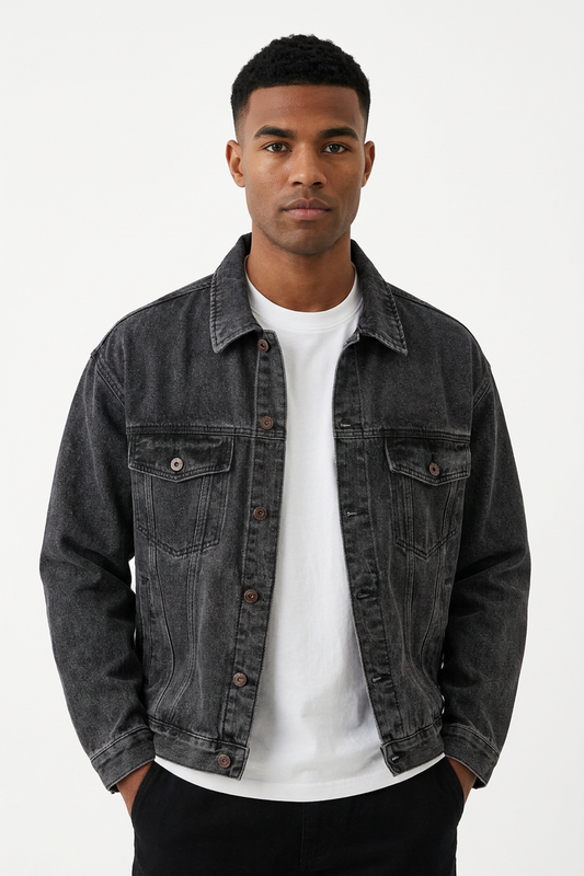 Men's Black Grey Classic Fit Denim Jacket