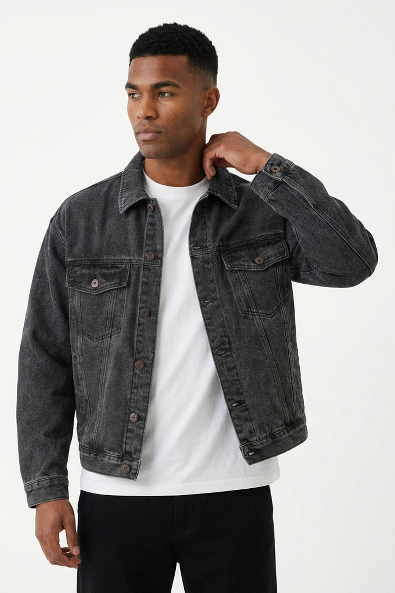 Men's Black Grey Classic Fit Denim Jacket