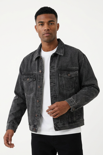 Men's Black Grey Classic Fit Denim Jacket