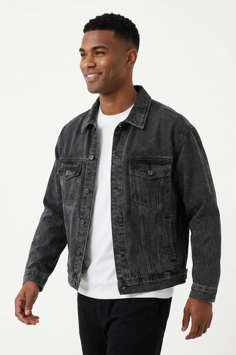Men's Black Grey Classic Fit Denim Jacket