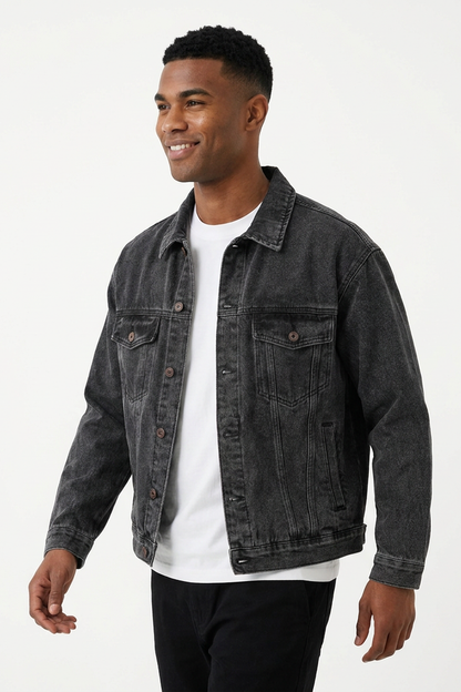 Men's Black Grey Classic Fit Denim Jacket