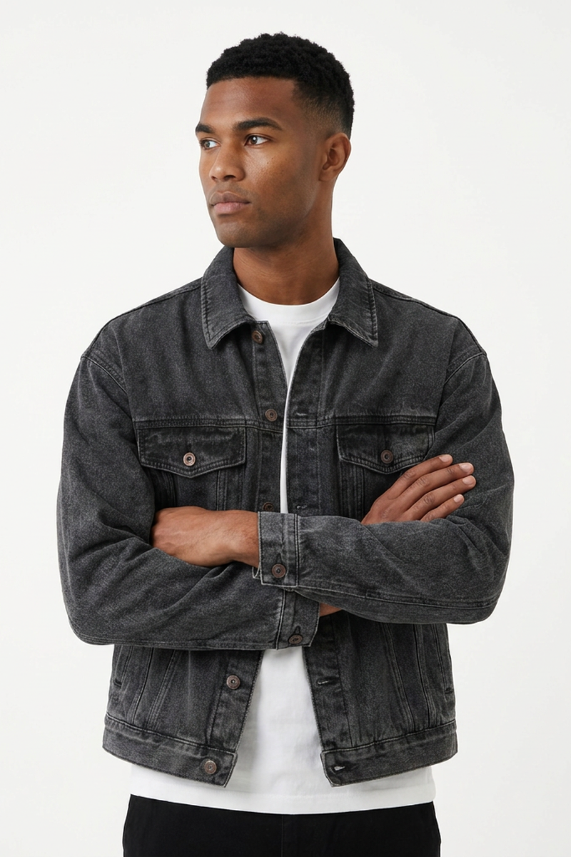 Men's Black Grey Classic Fit Denim Jacket