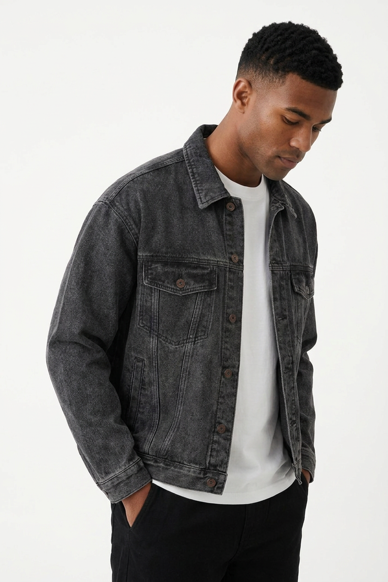 Men's Black Grey Classic Fit Denim Jacket