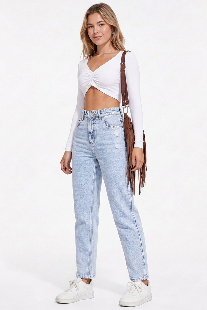 Women's High-Waisted Distressed Straight-Leg Jeans