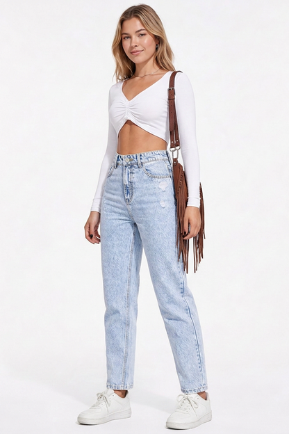 Women's High-Waisted Distressed Straight-Leg Jeans