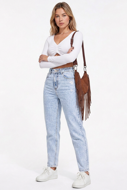 Women's High-Waisted Distressed Straight-Leg Jeans