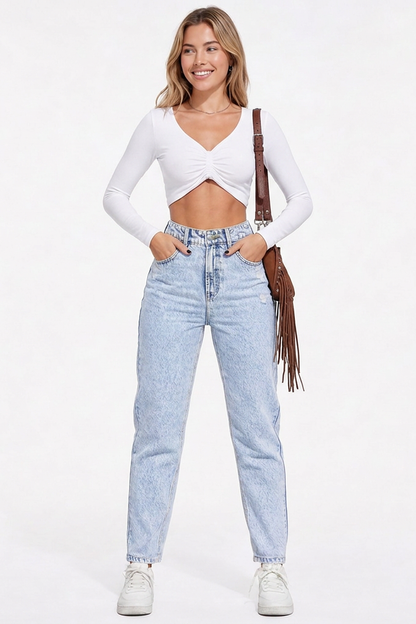 Women's High-Waisted Distressed Straight-Leg Jeans