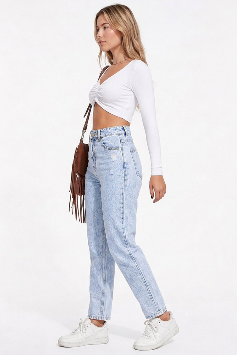 Women's High-Waisted Distressed Straight-Leg Jeans