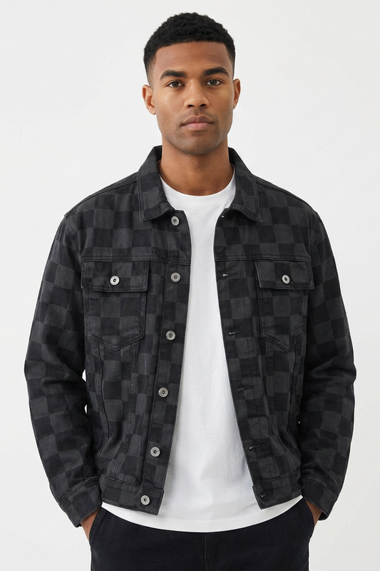 Men's Black Checkerboard Denim Jacket