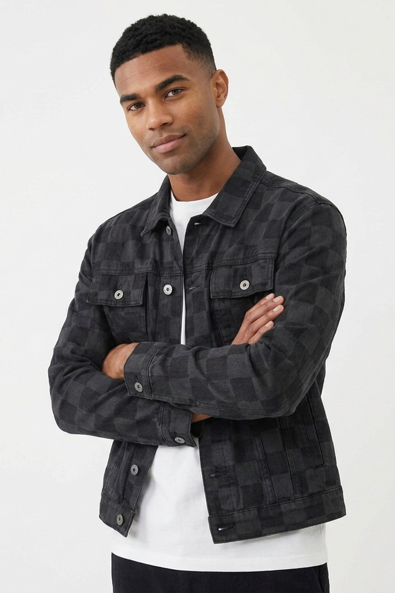 Men's Black Checkerboard Denim Jacket