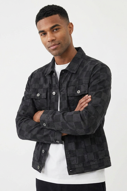 Men's Black Checkerboard Denim Jacket
