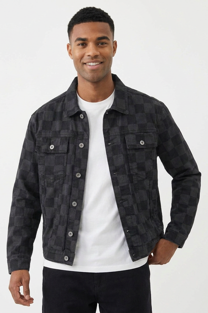 Men's Black Checkerboard Denim Jacket