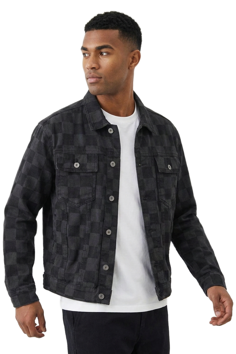 Men's Black Checkerboard Denim Jacket