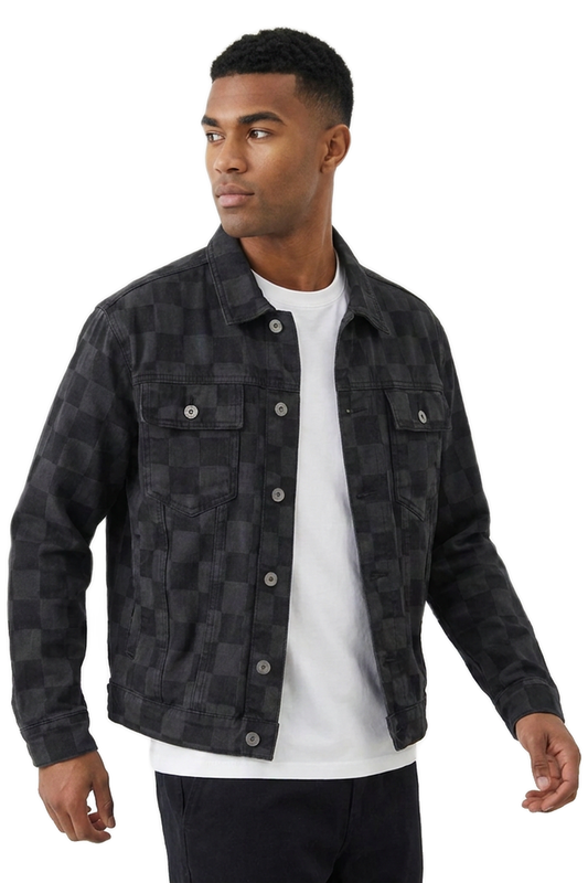 Men's Black Checkerboard Denim Jacket
