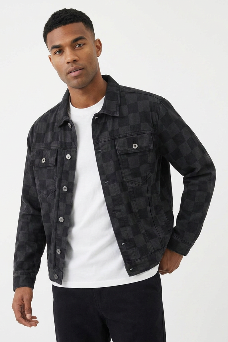 Men's Black Checkerboard Denim Jacket