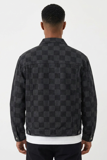 Men's Black Checkerboard Denim Jacket